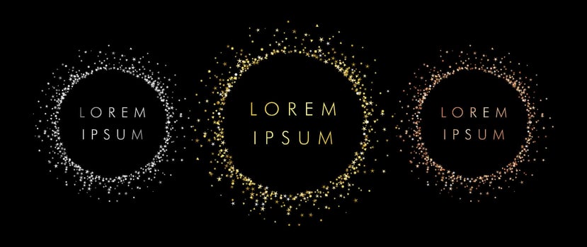 Set of sparkling rings with dust glitter, dark background. Medal elements. Glorious decorative glowing shiny circles. vector