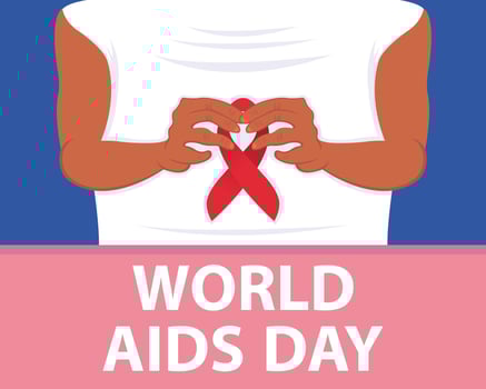 illustration vector graphic of both hands holding a red ribbon on the chest, perfect for international day, world aids day, celebrate, greeting card, etc.