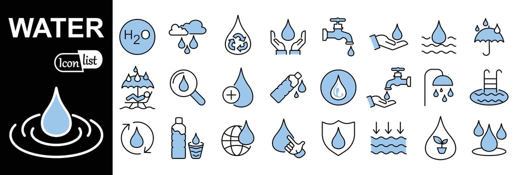 Water drops icon set. Outline Style Blue Icon Set contains such Icons as drop of water. Glass, magnifier, washing hands, shower. Vector illustration