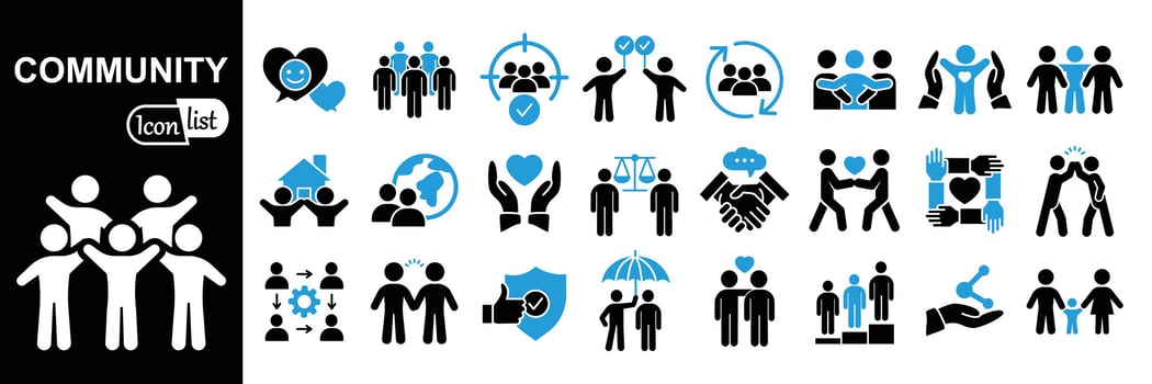 Community icon set. Containing people, friendship, social, diversity, village, relationships, support and community development icons. Solid icon collection vector