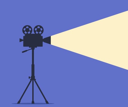 Retro movie projector with reels. Film camera tape with ray of light and place for text. Silhouette of vintage cinema projector or camcorder on tripod. Movie festival template. Vector illustration.