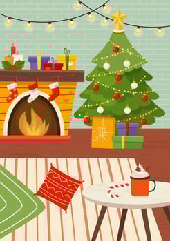 Christmas greeting postcard with cozy interior. Room with fireplace, Christmas tree, carpet. On the table is a cup of cocoa and a lollipop. Winter room vector illustration in retro style