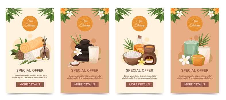 Social media story and front page cover templates spa collection. Special offer design with exotic flowers, bamboo leaves, cosmetics, aromatherapy. Promotional spa salon branding vector Illustration