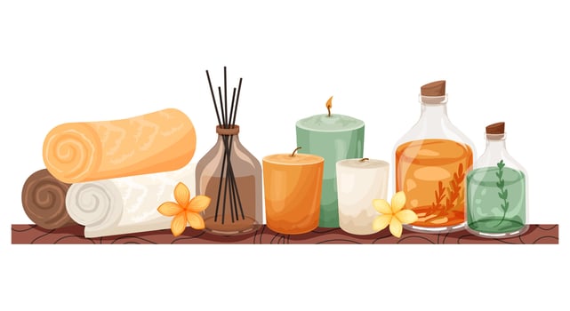 Pile of rolled towels, candles, aroma sticks in bottle on wood shelf vector