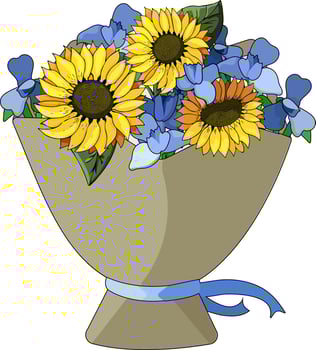 Vector illustration bouquet in craft paper of blue irises and yellow sunflowers with a stroke for a postcard