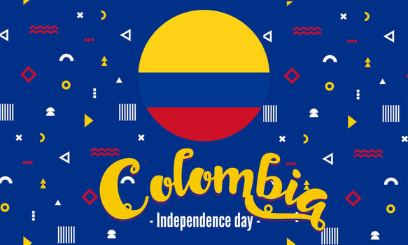 Colombia national day banner with map, flag colors theme background and geometric abstract retro modern blue red yellow design. vector