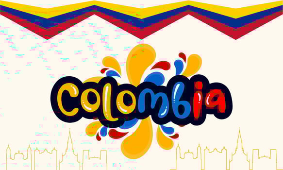 Colombia national day banner with map, flag colors theme background and geometric abstract retro modern blue red yellow design. vector
