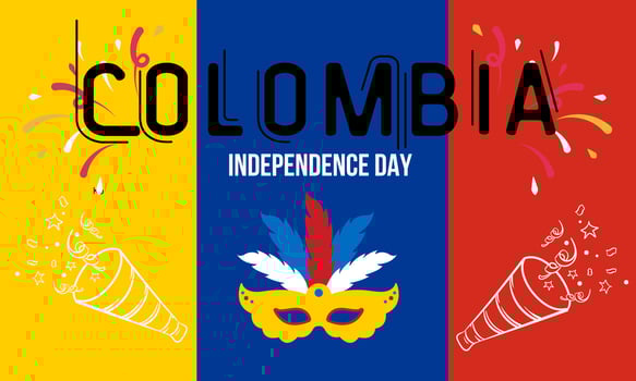 Colombia national day banner with map, flag colors theme background and geometric abstract retro modern blue red yellow design. vector