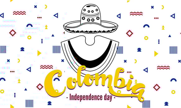 Colombia national day banner with map, flag colors theme background and geometric abstract retro modern blue red yellow design. vector