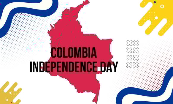 Colombia national day banner with map, flag colors theme background and geometric abstract retro modern blue red yellow design. vector