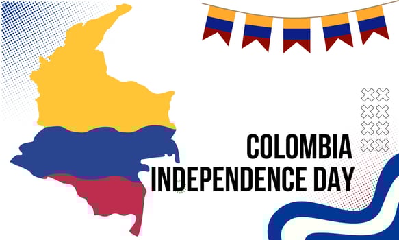 Colombia national day banner with map, flag colors theme background and geometric abstract retro modern blue red yellow design. vector