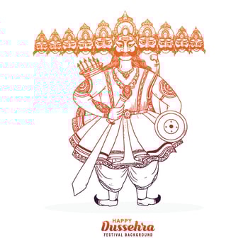 Happy dussehra celebration angry ravan with ten heads sketch design vector