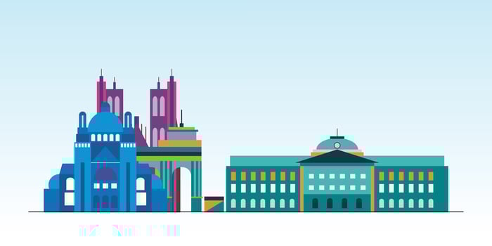Belgium City Detailed Skyline And Landmark, Europe Famous Travel Place Colourful Building And Monument Digital Vector Illustrations