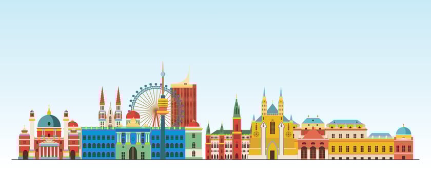 Austria City Detailed Skyline And Landmark, Europe Famous Travel Place Colourful Building And Monument Digital Vector Illustrations