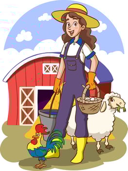 vector illustration of happy farmer family and farm animals