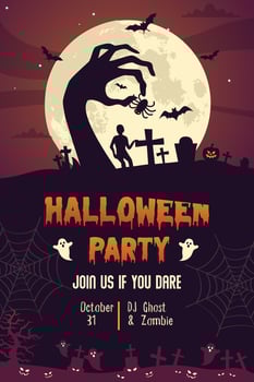 Halloween party invitation with scary pumpkin and a full moon, halloween illustration, Happy Halloween party poster vector, graveyard, candies and scary pumpkin vector