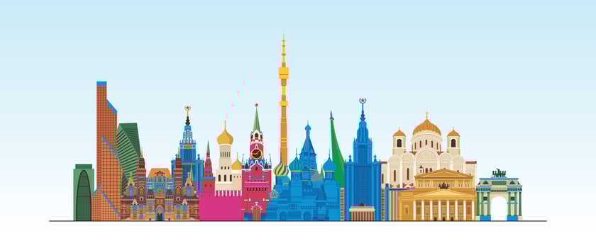Russia Moscow Detailed Skyline And Landmark, Europe Famous Travel Place Colorful Building And Monument Digital Vector Illustrations