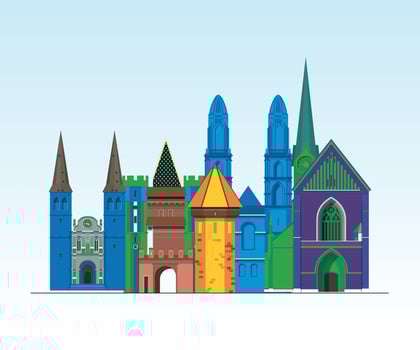 Switzerland Detailed Skyline And Landmark, Europe Famous Travel Place Colorful Building And Monument Digital Vector Illustrations