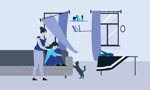 Women in depression on sofa at dirty room digital vector stock illustrations
