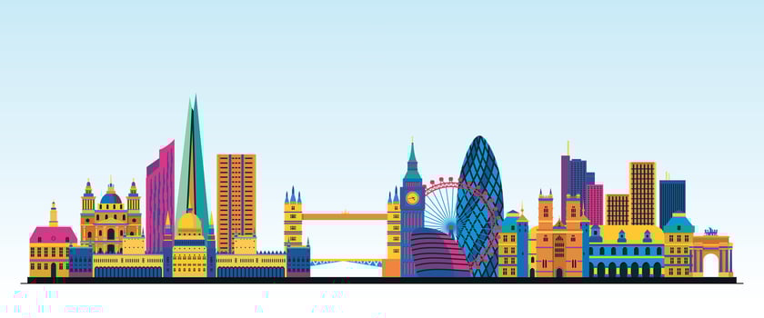 UK London City Detailed Skyline And Landmark, Europe Famous Travel Place Colorful Building And Monument Digital Vector Illustrations