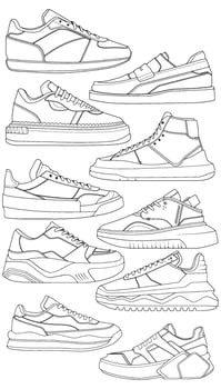 Set of shoes sneaker outline drawing vector, Sneakers drawn in a sketch style, bundling sneakers trainers template outline, vector Illustration.