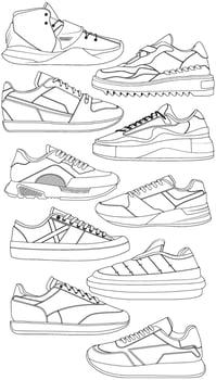 Set of shoes sneaker outline drawing vector, Sneakers drawn in a sketch style, bundling sneakers trainers template outline, vector Illustration.