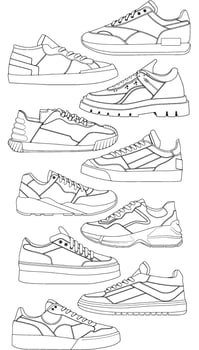 Set of shoes sneaker outline drawing vector, Sneakers drawn in a sketch style, bundling sneakers trainers template outline, vector Illustration.