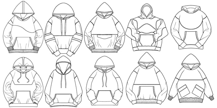 Oversized hoodie technical fashion illustration with relaxed fit, long sleeves. Flat outwear jumper apparel template. Women, men, unisex sweatshirt top mockup vector
