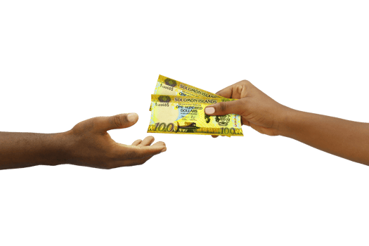 Hand giving 3D rendered 100 Solomon Islands Dollar notes to another hand. Hand receiving money isolated on a transparent background png