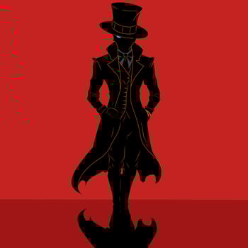 black illustration design of a man standing wearing a suit and hat on a red background vector