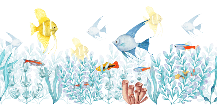 Watercolor seamless banner of yellow, blue angelfishes among plants. For greeting card design, menus, background, prints, wallpaper, fabric, textile, wrapping. png