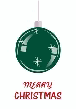 Festive white background with green Christmas glass ball and text Merry Christmas. Vector illustration for banners, invitations, greeting cards