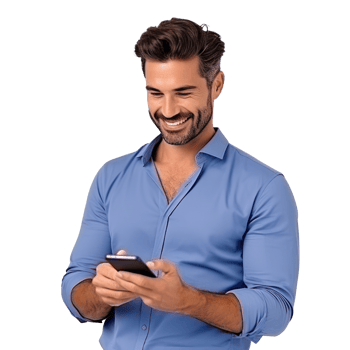 Handsome business man in blue t-shirt woth mobile phone isolated png