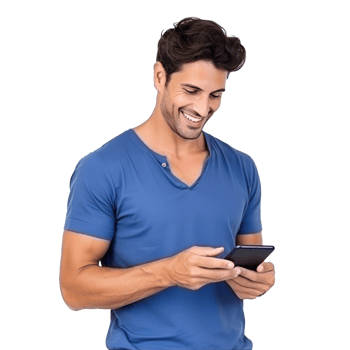 Handsome business man in blue t-shirt woth mobile phone isolated png