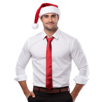 Handsome business man in white shirt and santa cap isolated png