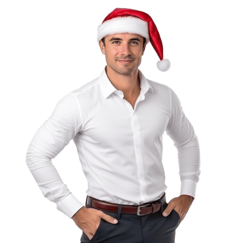 Handsome business man in white shirt and santa cap isolated png