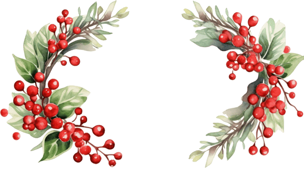 Watercolor mistletoe wreath with red berries and a wooden frame png