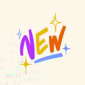 New word lettering with sparks. Bold cartoon calligraphy for social media, post overlays, web. Vector hand drawn clap art.