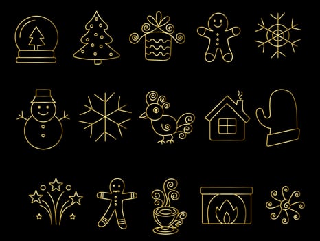 Golden christmas ornaments set with balls, snowflakes, hats, star, Christmas tree, orange, sock, gift, drink and garlands. vector