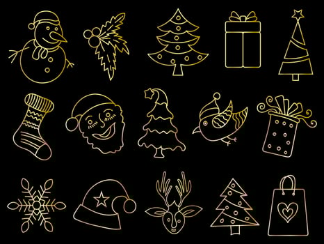 Golden christmas ornaments set with balls, snowflakes, hats, star, Christmas tree, orange, sock, gift, drink and garlands. vector