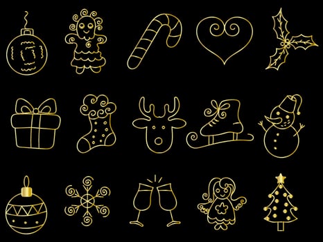 Golden christmas ornaments set with balls, snowflakes, hats, star, Christmas tree, orange, sock, gift, drink and garlands. vector