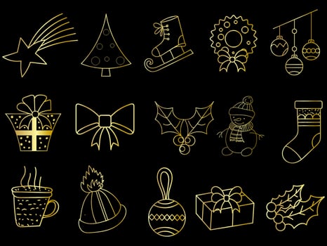 Golden christmas ornaments set with balls, snowflakes, hats, star, Christmas tree, orange, sock, gift, drink and garlands. vector