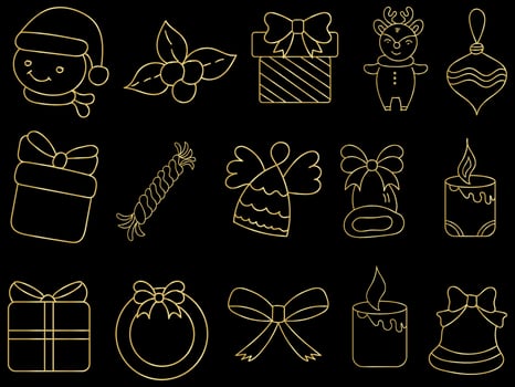 Golden christmas ornaments set with balls, snowflakes, hats, star, Christmas tree, orange, sock, gift, drink and garlands. vector