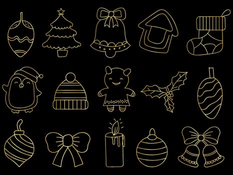 Golden christmas ornaments set with balls, snowflakes, hats, star, Christmas tree, orange, sock, gift, drink and garlands. vector