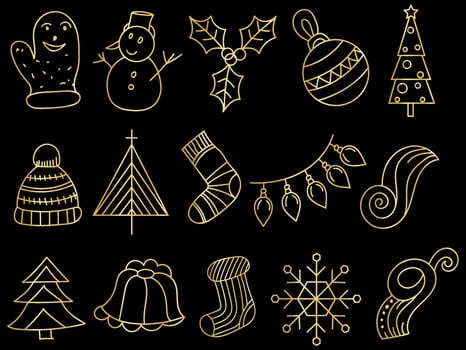 Golden christmas ornaments set with balls, snowflakes, hats, star, Christmas tree, orange, sock, gift, drink and garlands. vector
