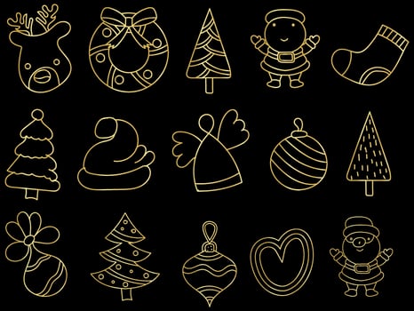 Golden christmas ornaments set with balls, snowflakes, hats, star, Christmas tree, orange, sock, gift, drink and garlands. vector