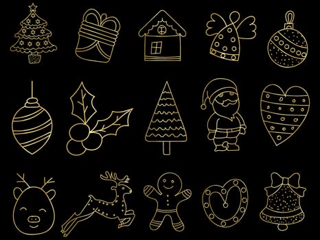 Golden christmas ornaments set with balls, snowflakes, hats, star, Christmas tree, orange, sock, gift, drink and garlands. vector