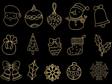 Golden christmas ornaments set with balls, snowflakes, hats, star, Christmas tree, orange, sock, gift, drink and garlands. vector