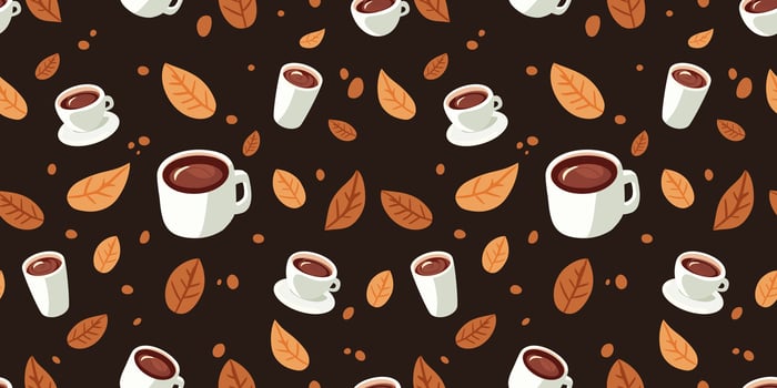 coffee seamless pattern, cocoa chocolate, leaf, autumn season, post card wallpaper prints wrapping paper poster pillow tote bags mouse pad patterns desing, vector illustration cute kawaii.