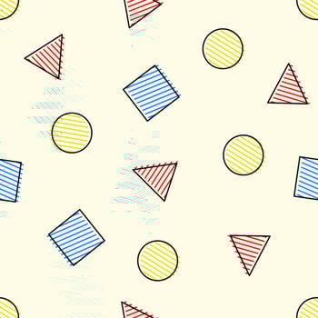 abstract geometric seamless pattern with triangles rounds squares, red, blue, yellow, wallpaper, paper, fabric, poster, card, textile, wrapping, tablecloth, background, vector illustration cartoon